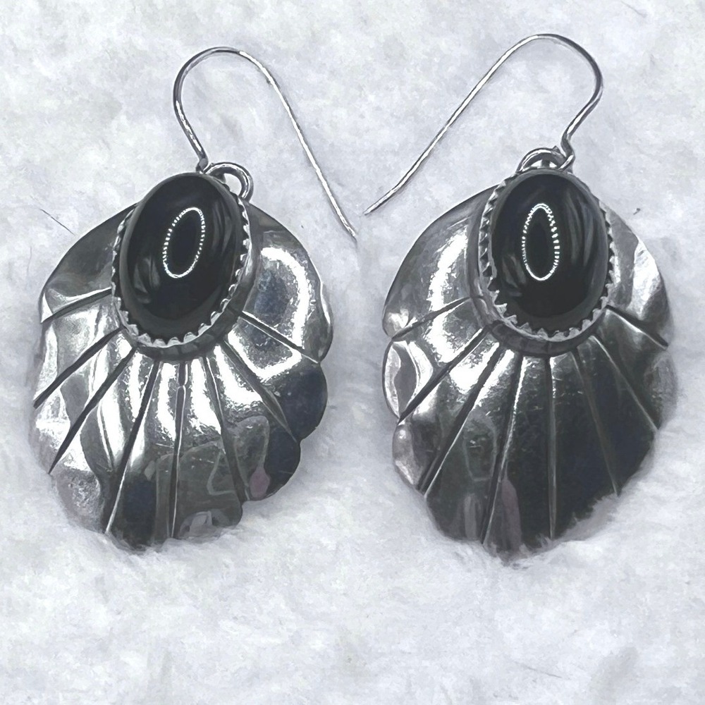 Sterling‎ Silver Onyx Earrings Concave Southwest Hook Dangle Signed SN 925